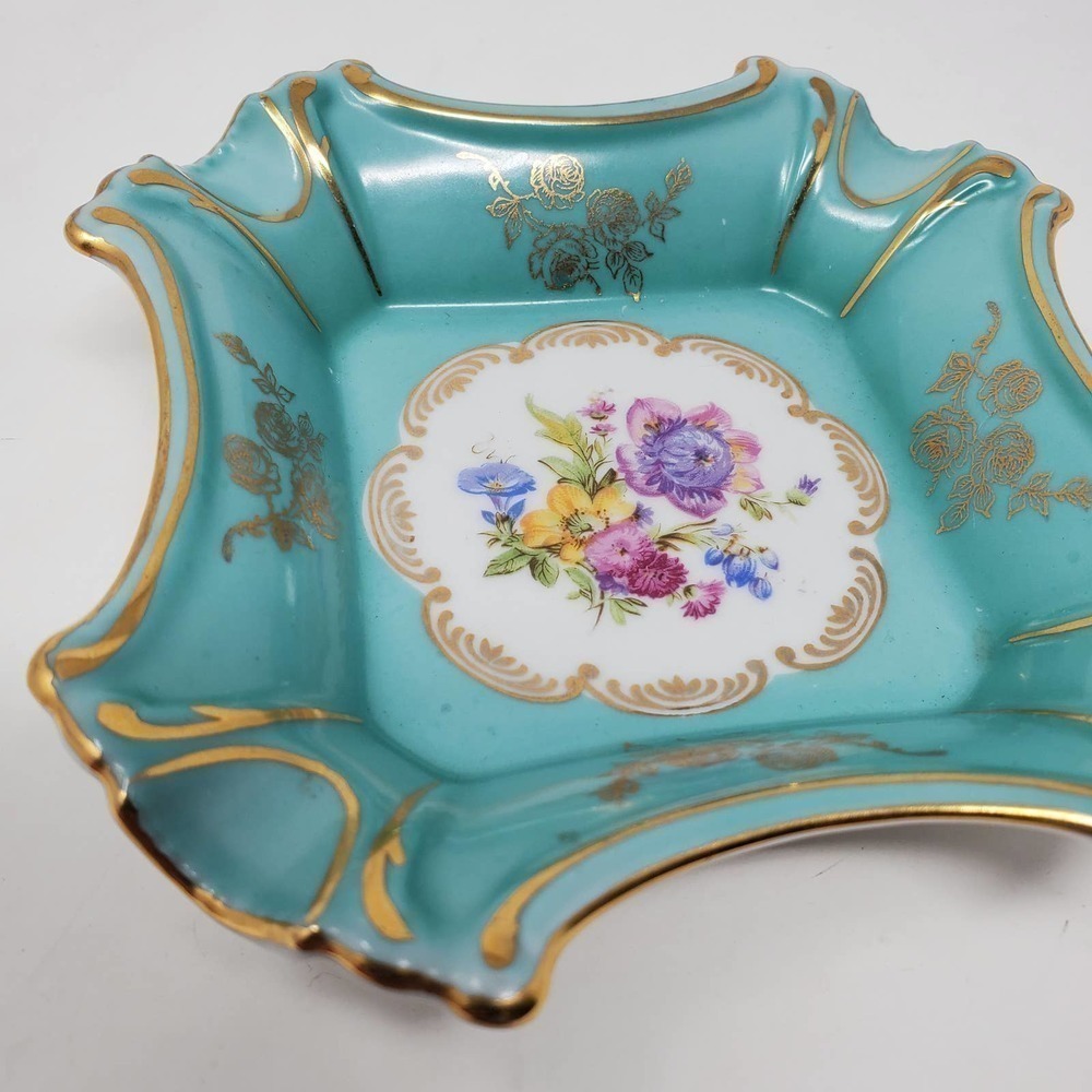 Victorian Turquoise Ashtray Floral and Gold Trim Porcelain Made in Germany - Picture 3 of 9